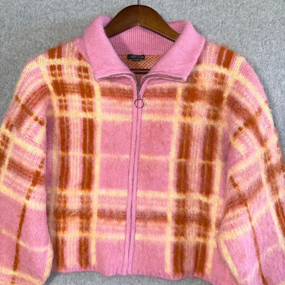 Wild Fable Plaid Full Zip Cardigan Sweater Y2K Medium Pink Excellent Cropped - Picture 4 of 10